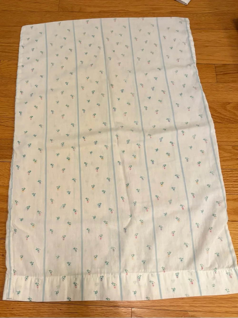 Floral Stripe Cotton Pillowcase - White with Blue and Pink Accents